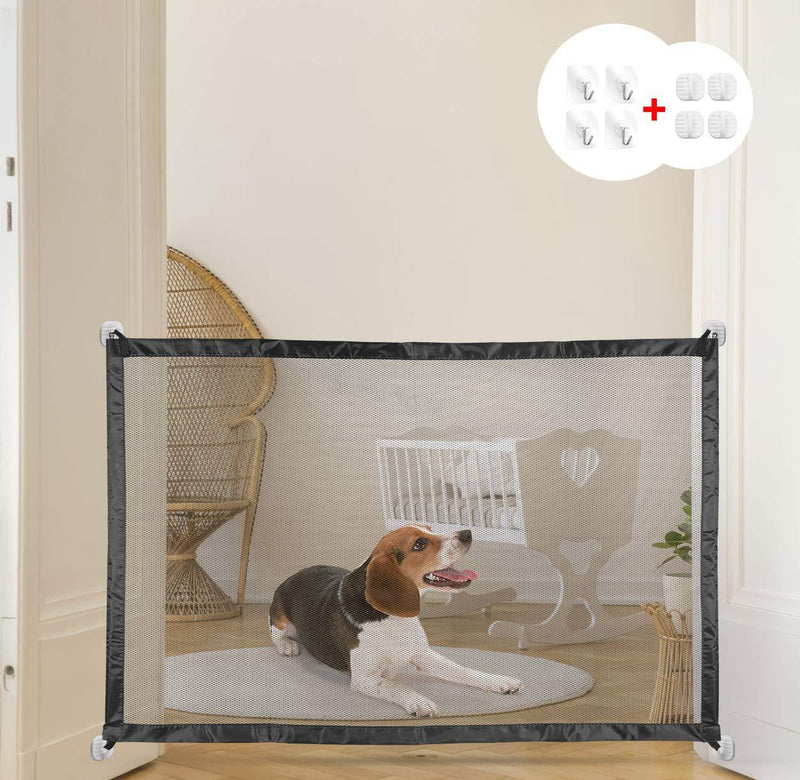 [Australia] - JHTOPJH Magic Gate for Dog with 8 Hooks, Mesh Dog Gate 43.3 x 28 in, Dog Gate for Doorways, Easy to Install Pet Gate, Mesh Folding Safety Dog Fence, Keep Small Pets Away from Bathroom (Black) 