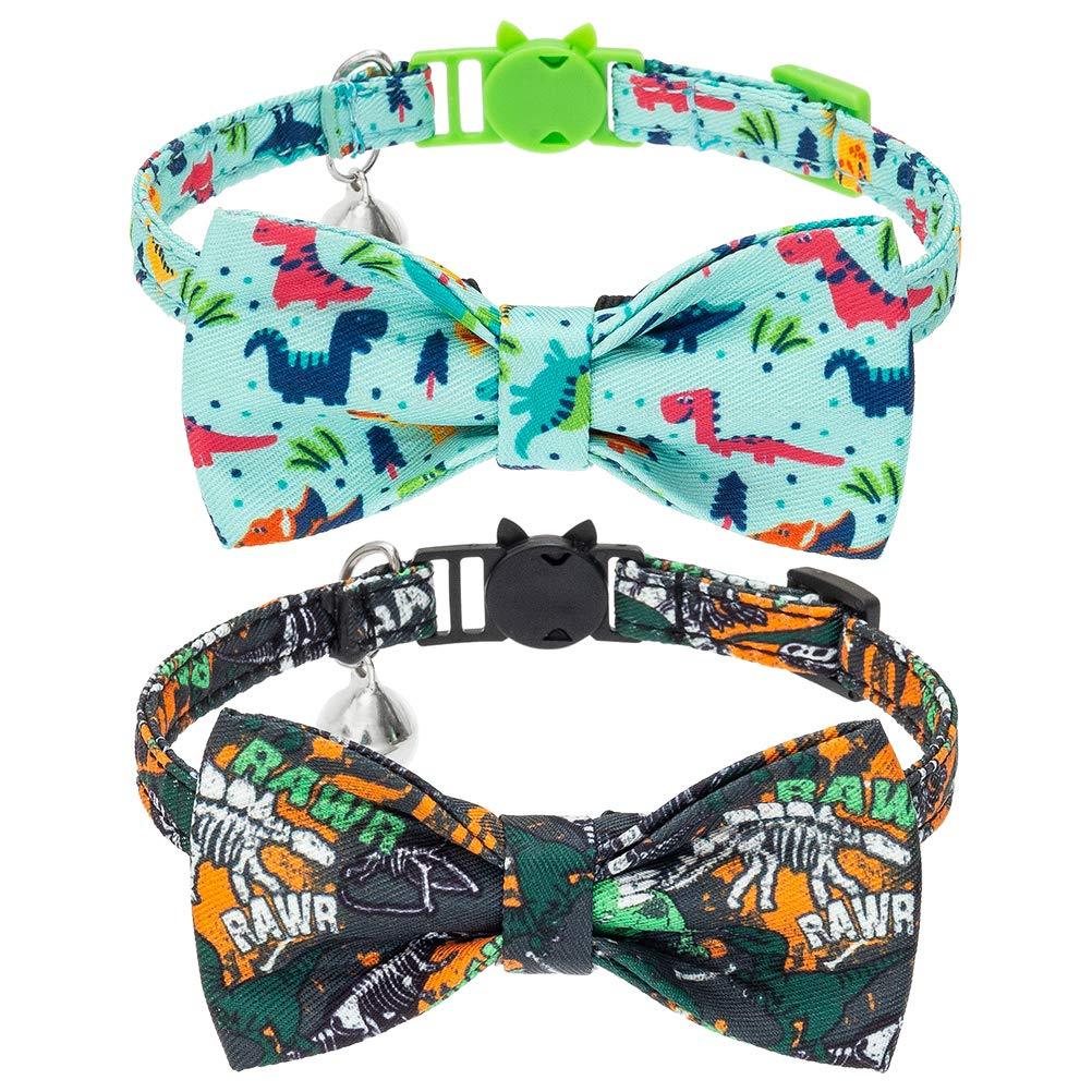 [Australia] - PUPTECK Bow Tie Cat Collar with Bell - Cute Dinosaur Pattern Cat Breakaway Collars for Kitten, Safety Fashion Kitty Accessories Necklace with Snap Buckle - 2 Pack 