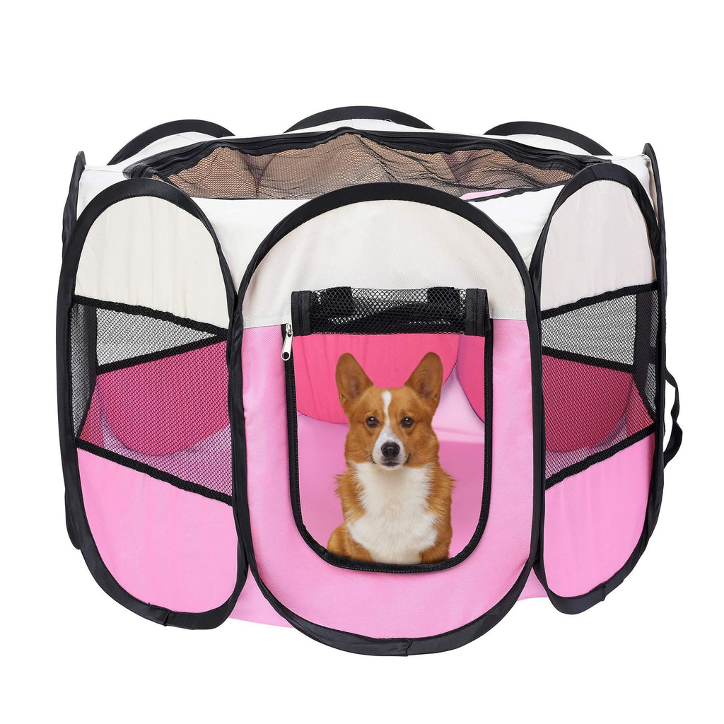 Mile High Life | Portable Cat Dog Crate | Foldable Dog Case Tent | Collapsible Travel Crate | Water Resistant Shade Cover | for Dogs/Cats/Rabbit Small-Dia29"*H17" Beige Pink - PawsPlanet Australia
