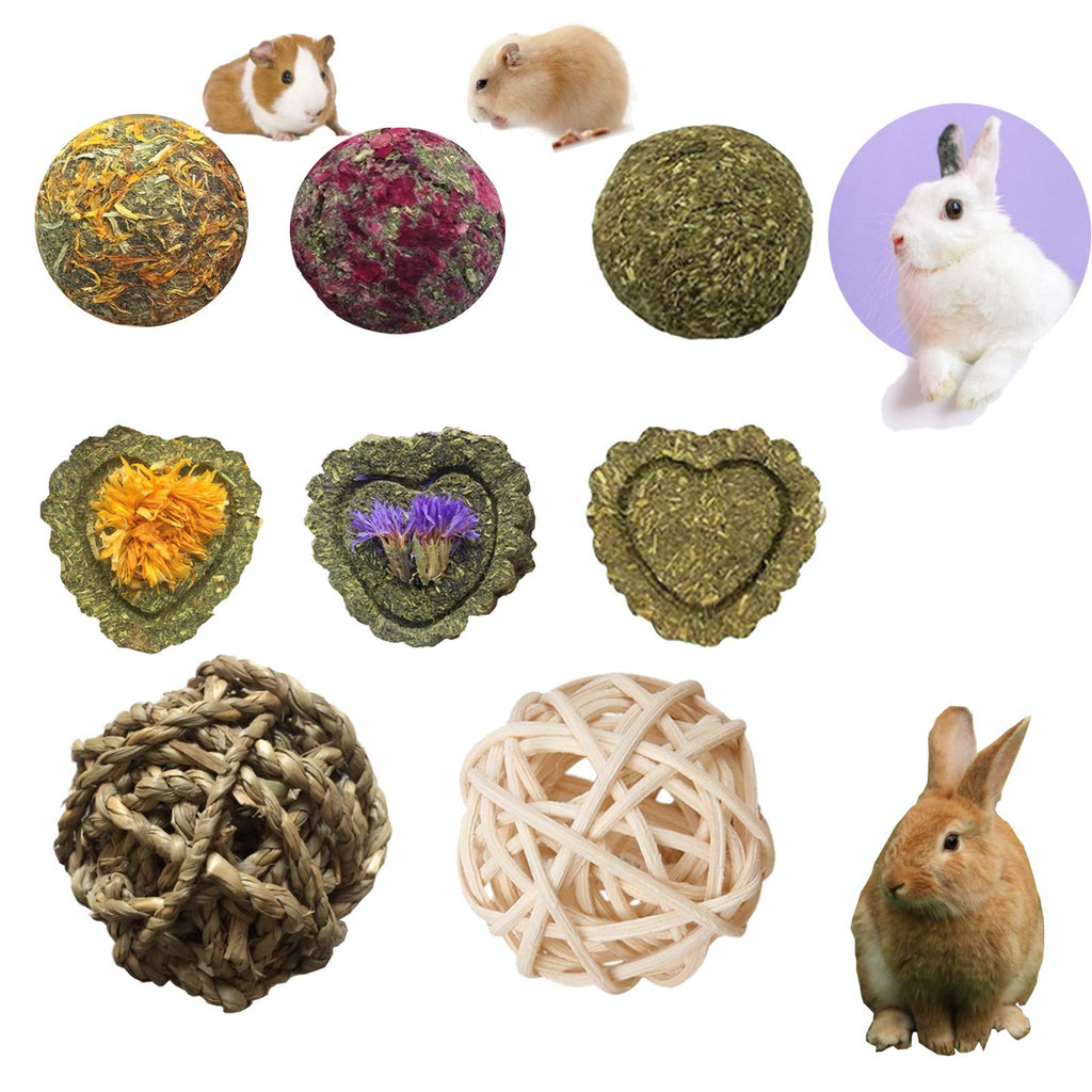 PD Bunny Chew Toys for Teeth, Natural Timothy Grass Small Animal Chew Toys, Mixed Grass and Molar Grass Cake and 2 Balls for Rabbits Chinchilla Hamsters Guinea Pigs Gerbils Groundhog Squirrels 8 pcs - PawsPlanet Australia