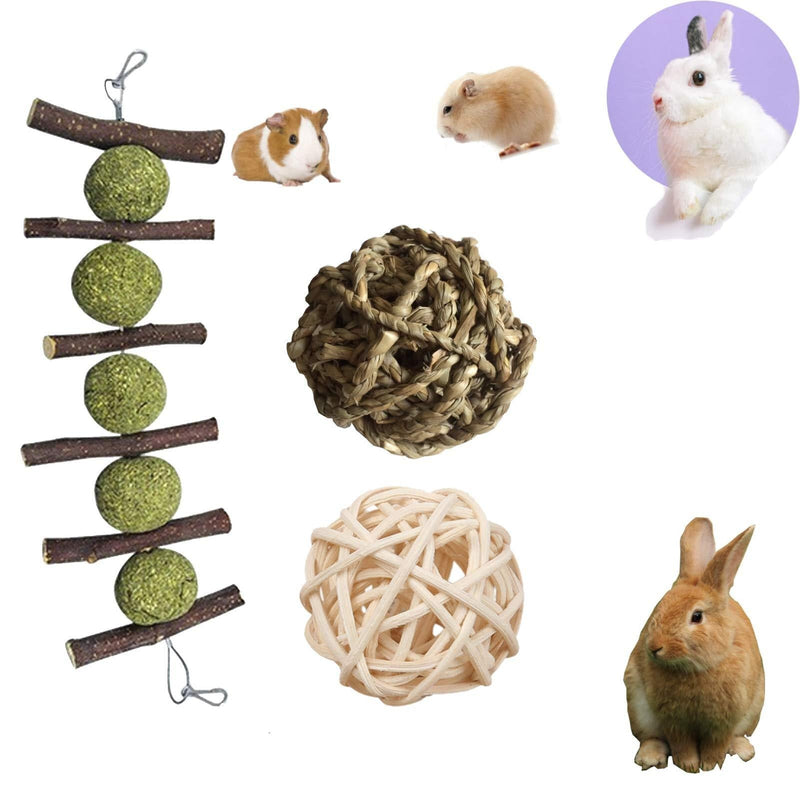 [Australia] - PD Bunny Chew Toys for Teeth, Double Head Suspension, Natural Apple Wood Sticks with Timothy Grass Balls, Improve Dental Health for Rabbits Chinchilla Hamsters Guinea Pigs Gerbils Squirrels 3 pcs 