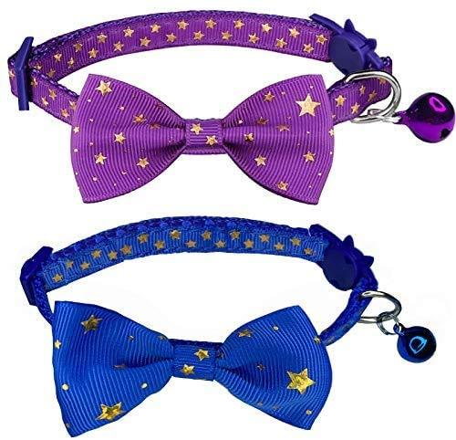 [Australia] - Yangbaobao 2PCS Breakaway Cat Collars with Bowtie and Bell Golden Stars Pattern Safety Kitten Collars, Adjustable from 7.0-12.5 Inch Purple+Blue 