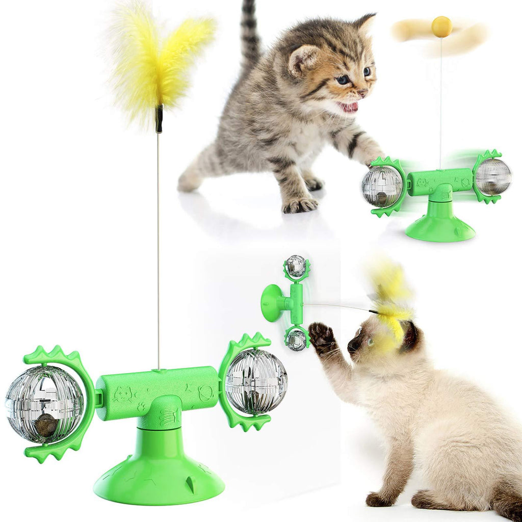 [Australia] - 3 in 1 Windmill Cat Toy Turntable Teasing Interactive Cat Toys for Indoor Cats With Feather Funny Cat Self Play Toys With Suction Cup, Quiet Rotatable Catnip Toys Cat Teasing Ball Toy For Kittens Green 