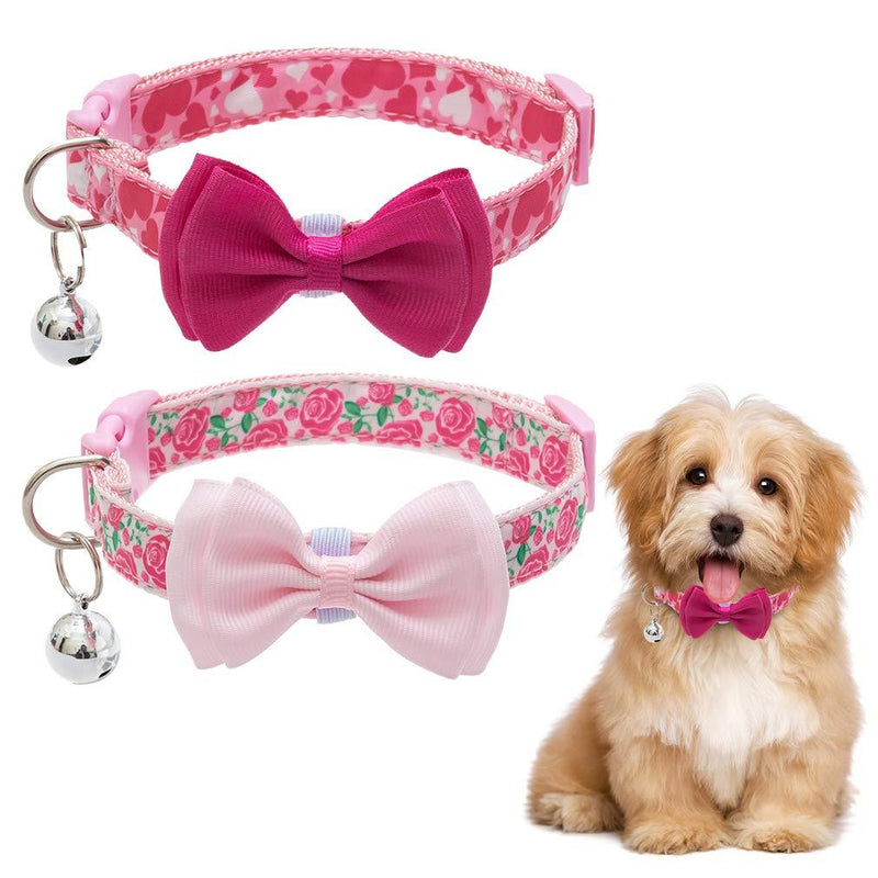 [Australia] - PUPTECK Cute Dog Collar for Small Dogs, 2 Pack Bowtie Dog Collar with Bell, Adjustable Puppy Dog Collar with Quick Release Buckle, Floral & Heart Pattern 