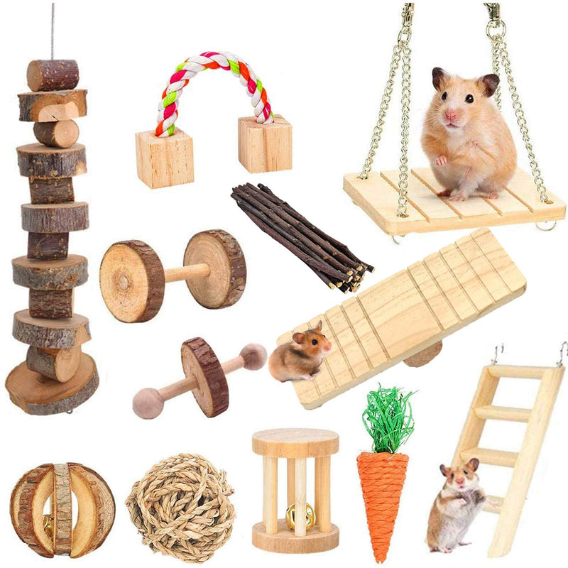 [Australia] - Supmaker Hamster Chew Toys, Pet Bunny Tooth Chew Toys Natural Wooden Gerbil Rats Chinchillas Toys Accessories Dumbells Exercise Bell Roller Teeth Care Molar Toy for Birds Bunny Rabbits Gerbils 