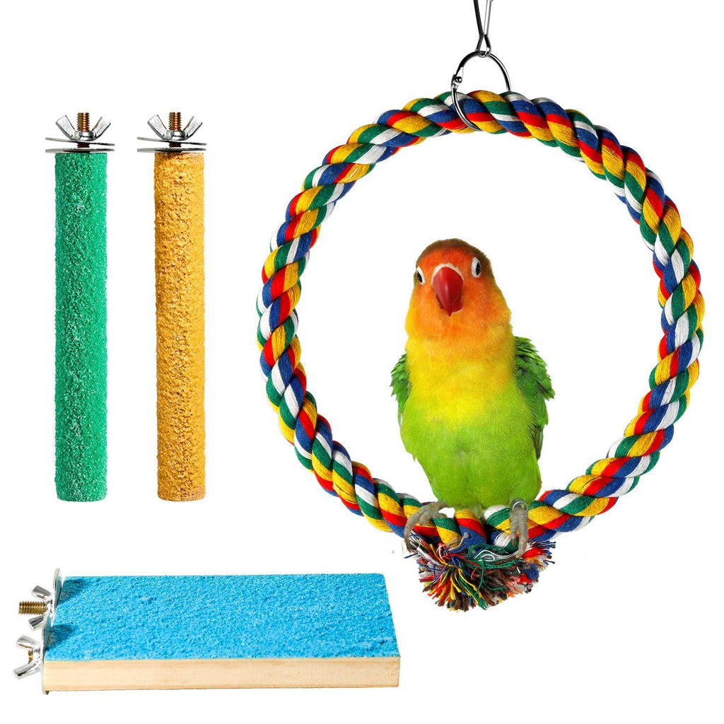 [Australia] - 4 PCS Colorful Bird Perch Stand Toy,Natural Wood Parrot Perch Stand Toy Platform Paw Grinding Stick,Bird Swing Perch Cotton Rope Ring Perch Toy,Cage Accessories Exercise Toys for Pet Parrot Hamster 