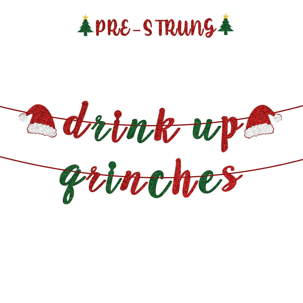 LASKYER Drink Up Grinches Banner Red and Green Glitter Garland Christmas Hat Perfect for Christmas Xmas Party Decorations. - PawsPlanet Australia