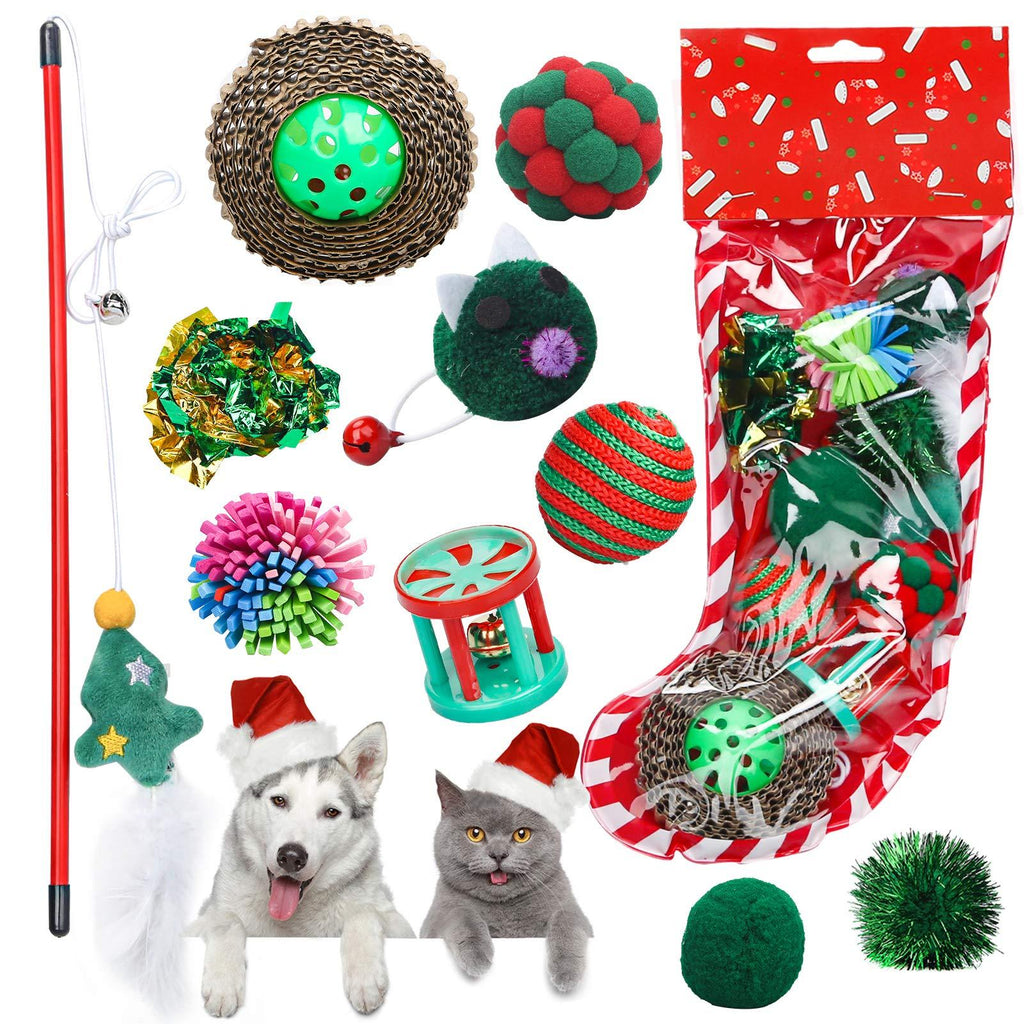 [Australia] - Sanlebi Christmas Cat Toys Stocking - 10 PCS Pet Cat Chasing Interactive Feather Cat Toys X-mas Gift Set for Kitten Kitty 