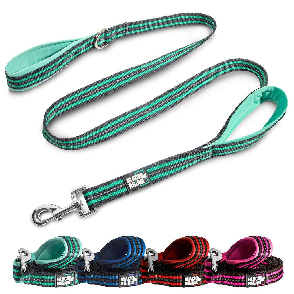 Black Rhino Dog Leash - Heavy Duty - Medium & Large Dogs | 5ft Long Leashes | Two Traffic Padded Comfort Handles for Safety Control Training - Double Handle Reflective Lead 5 Ft Aqua/Gr - PawsPlanet Australia