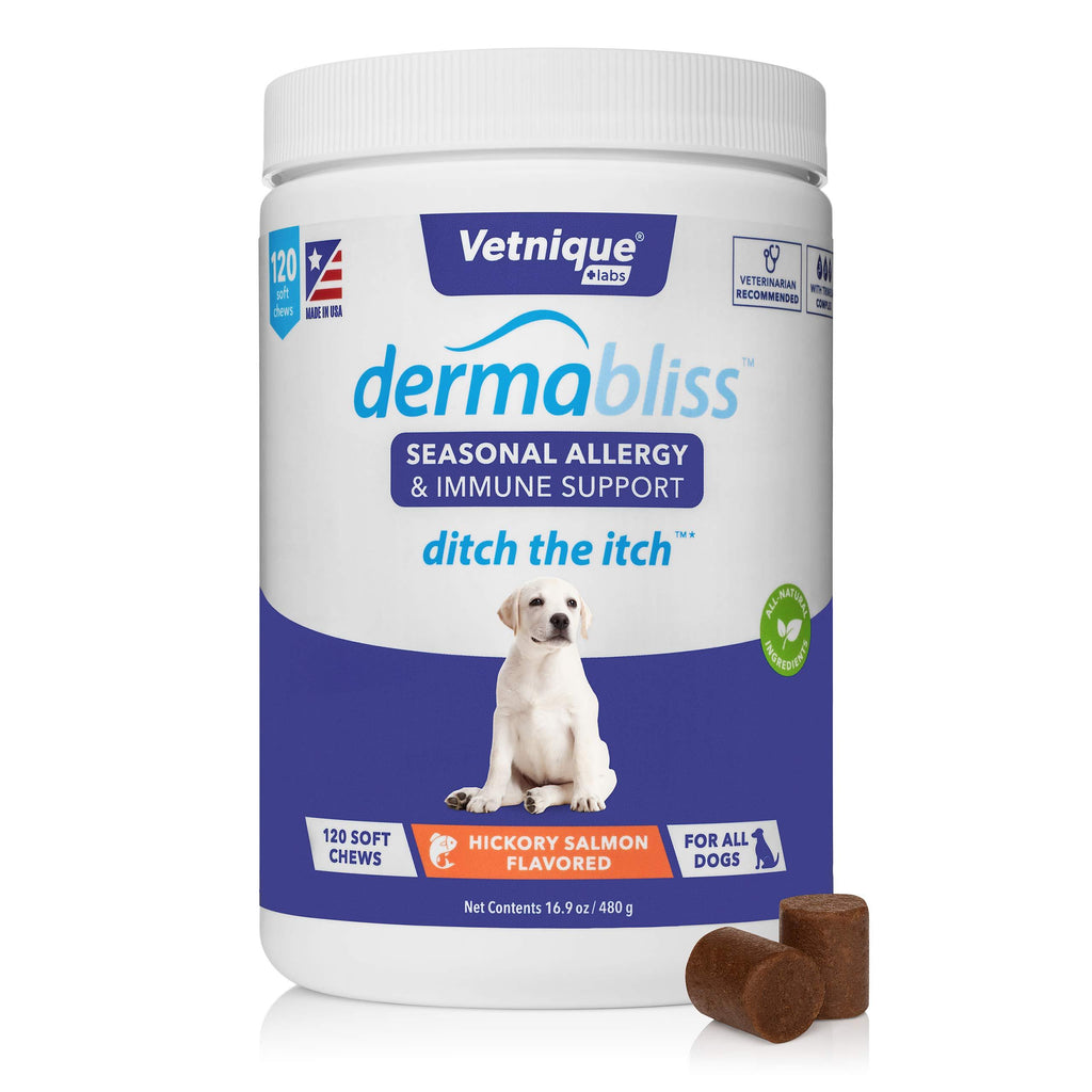 VETNIQUE LABS Dermabliss Seasonal Allergy & Immune Support for Dogs with Omega 3-6-9, Probiotics, Enzymes, Fish Oil and Colostrum Powder - Hickory Salmon Flavored Dog Treats 120 Count - PawsPlanet Australia