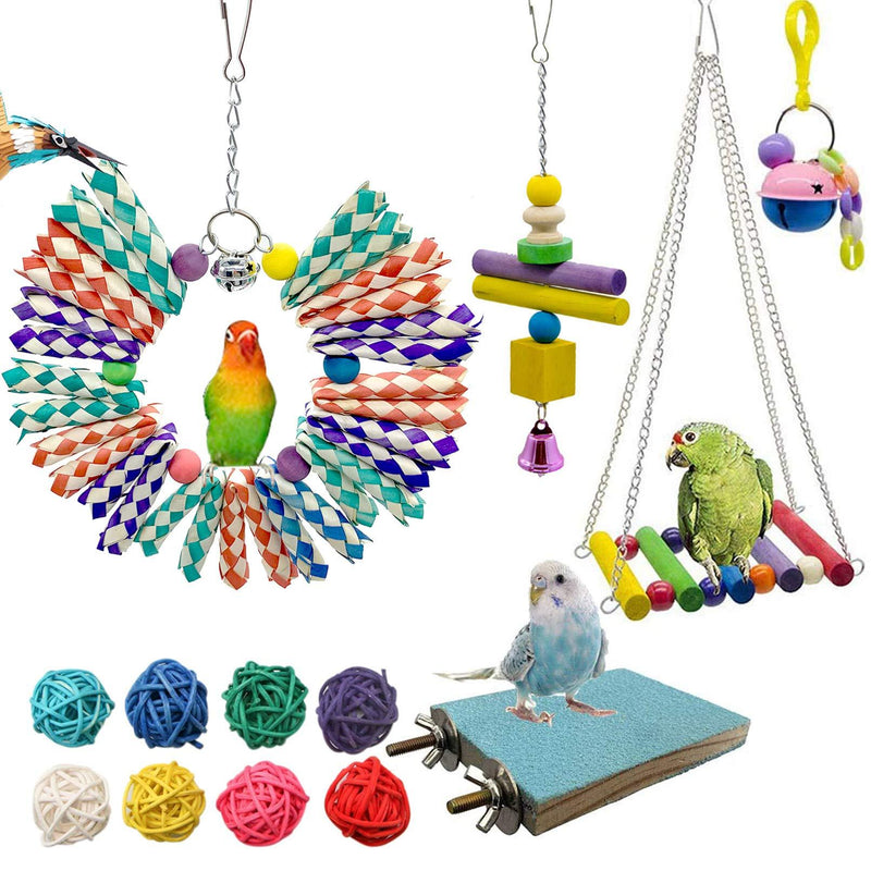 [Australia] - ZYP 13 Packs Bird Chewing Swing Toys, Natural Parrot Hammock Hanging Bell Rattan Ball Climbing Cage Toys for Parakeets, Cockatiels, Conures, Finches, Budgie, Macaws, African Grey 