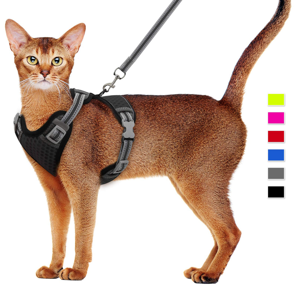 Cat Harness and Leash Escape Proof Cat Harness for Cats, Adjustable Cat Leash and Harness Set for Cat Walking Harness Cat with Soft Breathable Mesh & Reflective Strip Small (Chest: 13.7" - 16.2") Black - PawsPlanet Australia