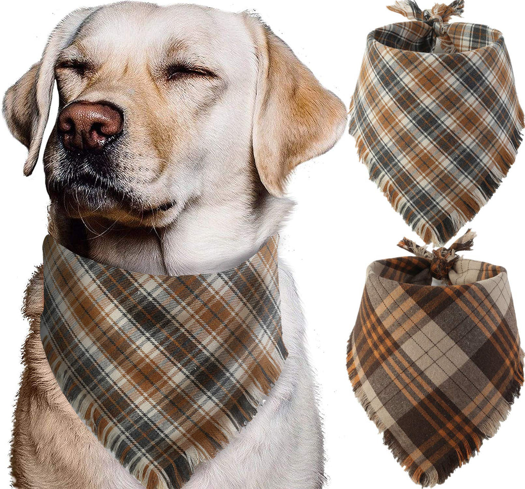 [Australia] - Pawskido Fall Dog Bandana, Set of 2 Washable Reversible Square Plaid Pet Kerchief Scarf 