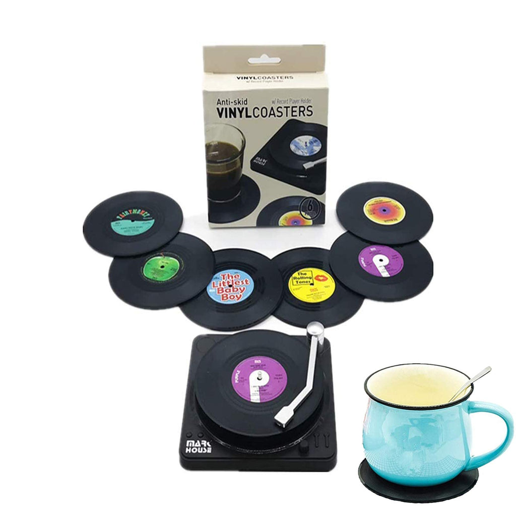 Vinyl Record Coasters for Drinks Retro Disk Coaster with Holder for Wooden Table Colorful Decor Music Decorations for Home Beer Cup Mat for Coffee Table Bar Items Set of 6 - PawsPlanet Australia