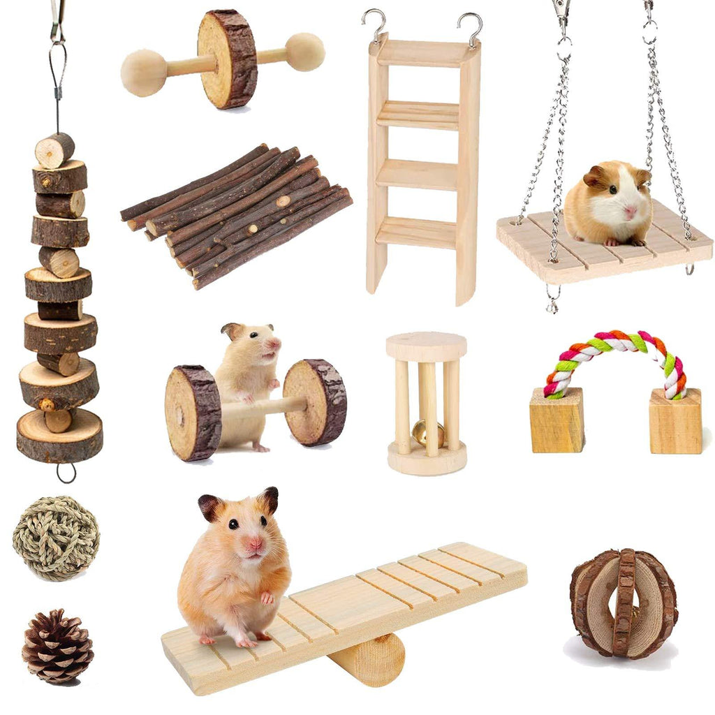[Australia] - Suwikeke 12 PCS Hamster Chew Toys, Natural Wooden Dumbells Exercise Bell Roller, Chewing and Playing Exercise Teeth Care Molar Small Pets Accessories for Chinchillas Guinea Pigs Gerbils Bunnies Rats 
