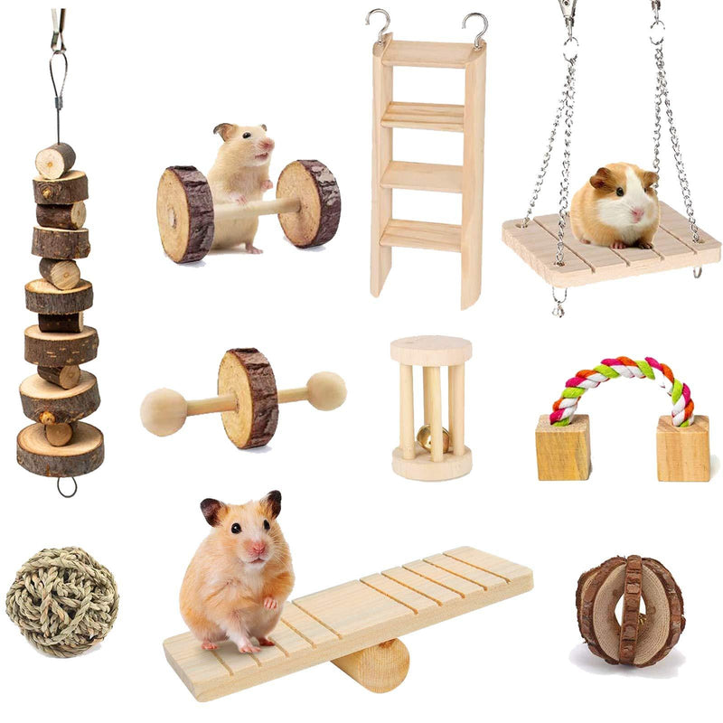 [Australia] - Suwikeke 10 PCS Hamster Chew Toys, Natural Wooden Dumbells Exercise Bell Roller, Chewing and Playing Exercise Teeth Care Molar Small Pets Accessories for Chinchillas Guinea Pigs Gerbils Bunnies Rats 