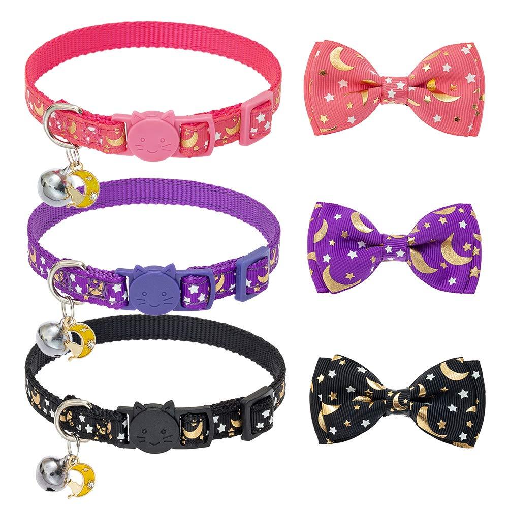 [Australia] - BINGPET Luminous Cat Collar with Bells - Glow in The Dark Detachable Bow Tie Collars 3 Pack - Breakaway Adjustable Hot Stamping Pet Kitten Collars with Popular Star and Moon Patterns 