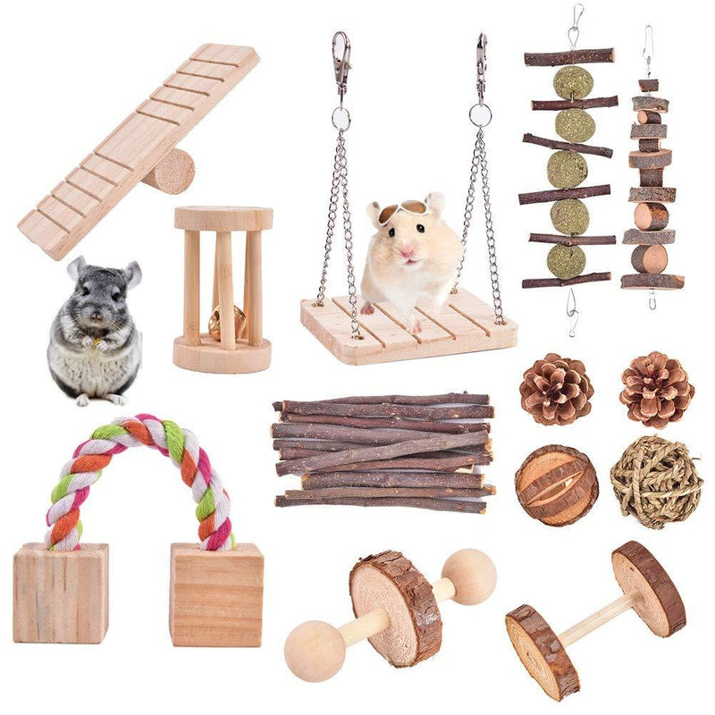 [Australia] - Hopeson 13 Pcs Hamster Chew Toys, Natural Wooden, Toys Accessories Dumbells Exercise, Bell Roller, Seesaw, Roller Swing, Teeth Care Molar, for Guinea Pigs Rabbits Chinchilla Rat Hedgehog Bunny 
