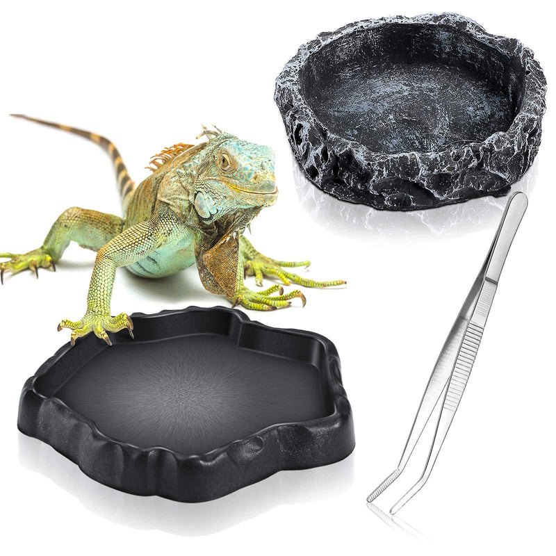 3 Pieces Reptile Water Dish Food Bowl Set Includes 2 Resin Reptile Rock Bowl Food Feeder Bowl Water Bowl 1 Feeding Tweezer Tong Reptile Rock Feeder for Pet Tortoise Lizard Frog Gecko Snake Chameleon - PawsPlanet Australia