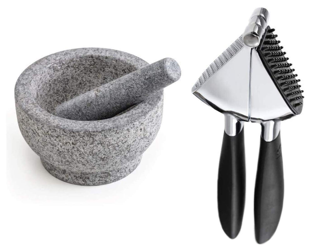 Gorilla Grip Mortar and Pestle Set and Garlic Press, Granite Mortar and Pestle Holds 1.5 Cups, Heavy Duty Presser with Built-In Cleaner, 2 Item Bundle - PawsPlanet Australia