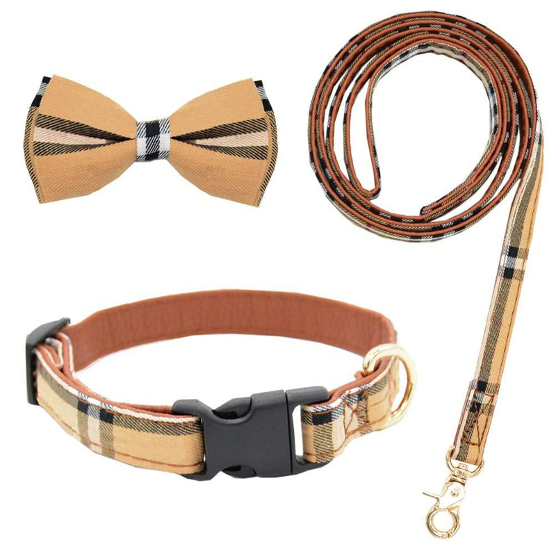 [Australia] - Removable Bow Tie Dog Collar with Leash Set Cute Classic Plaid Adjustable Soft Collars for Small Medium Large Dogs S 