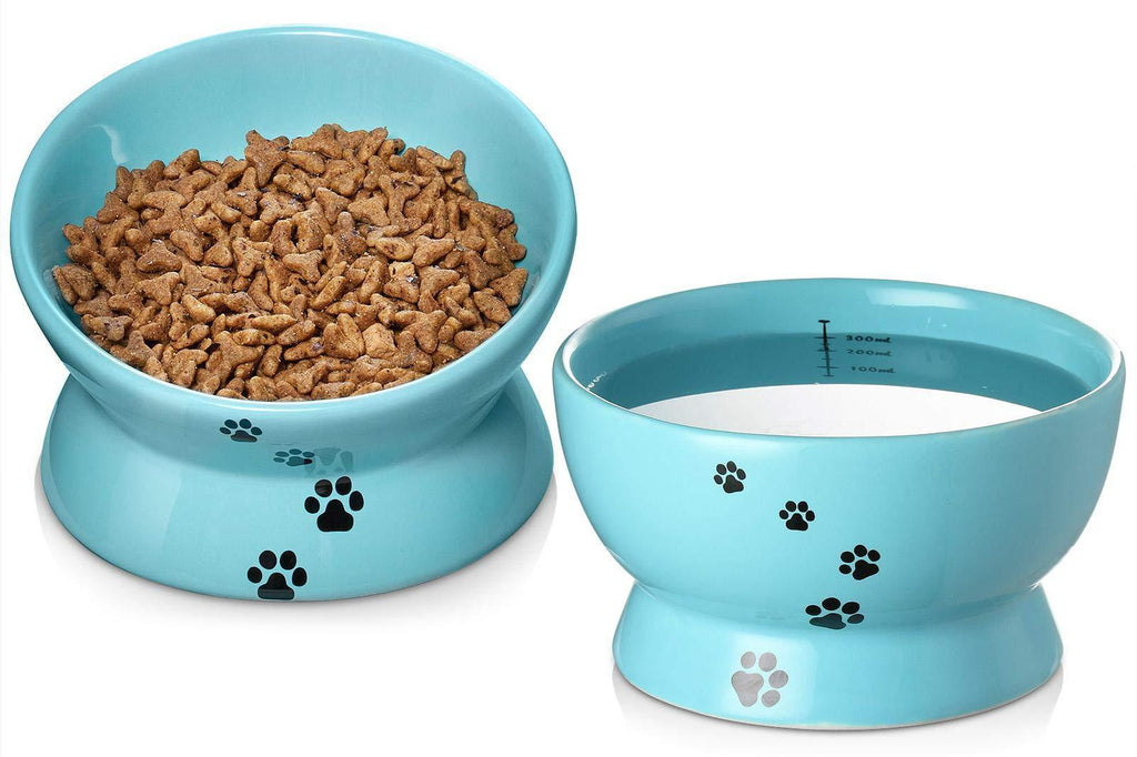 Y YHY Raised Cat Food and Water Bowl Set, Tilted Elevated Cat Food Bowls No Spill, Ceramic Cat Food Feeder Bowl Collection, Pet Bowl for Flat-Faced Cats and Small Dogs, Set of 2, Blue - PawsPlanet Australia