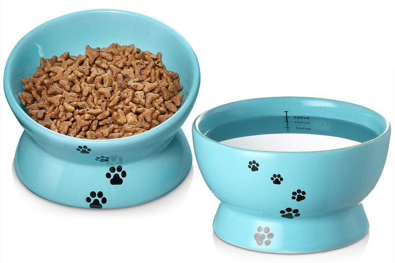 Y YHY Raised Cat Food and Water Bowl Set, Tilted Elevated Cat Food Bowls No Spill, Ceramic Cat Food Feeder Bowl Collection, Pet Bowl for Flat-Faced Cats and Small Dogs, Set of 2, Blue - PawsPlanet Australia