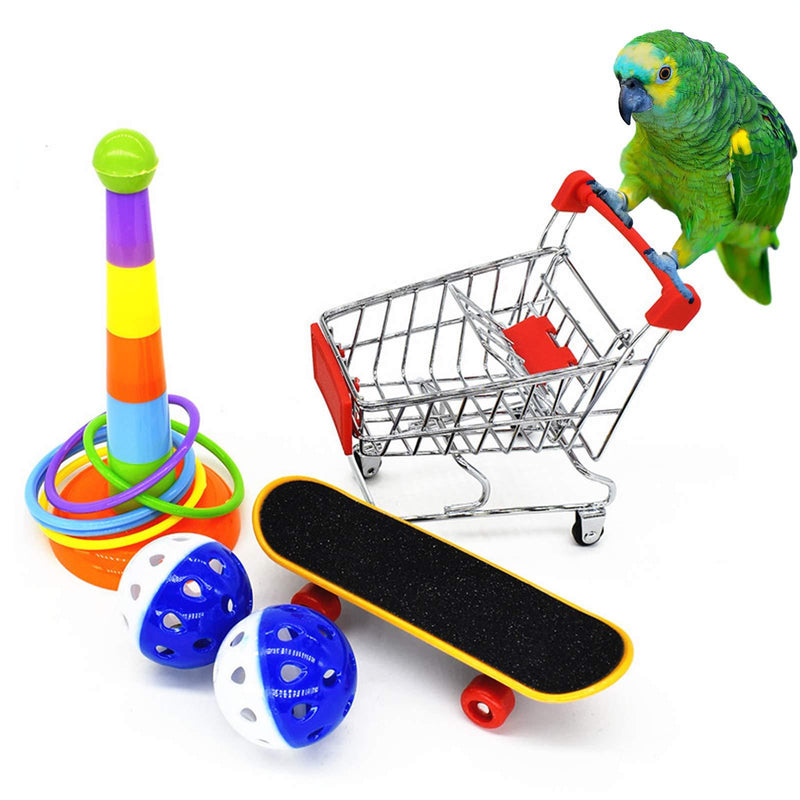 [Australia] - N/W 5 Pcs Parrot Toys, Parakeet Toys Cockatiel Toys, Mini Shopping Cart, Training Rings,Toy Skateboard Stand Perch and Ball, Bird Toys for Budgie Parakeet Cockatiel Conure Lovebird 