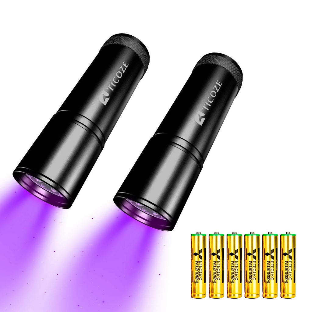 [Australia] - TICOZE UV Flashlight Black light 2 Pack 12 LEDS 395nM Blacklight Detector for Dog Urine Pet stains, Scorpion with 6 pcs AAA Batteries 