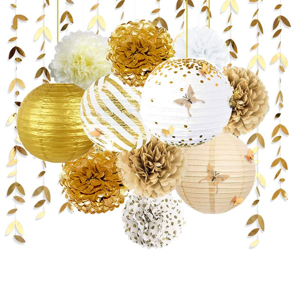 White and Gold Party Decoration Kit Lanterns Flowers Pom Pom with Gold 3D Butterfly Stickers and Leaf Garland Streamers for Birthday Engagement Wedding Bridal Shower Bachelorette Party Decor Supplies - PawsPlanet Australia