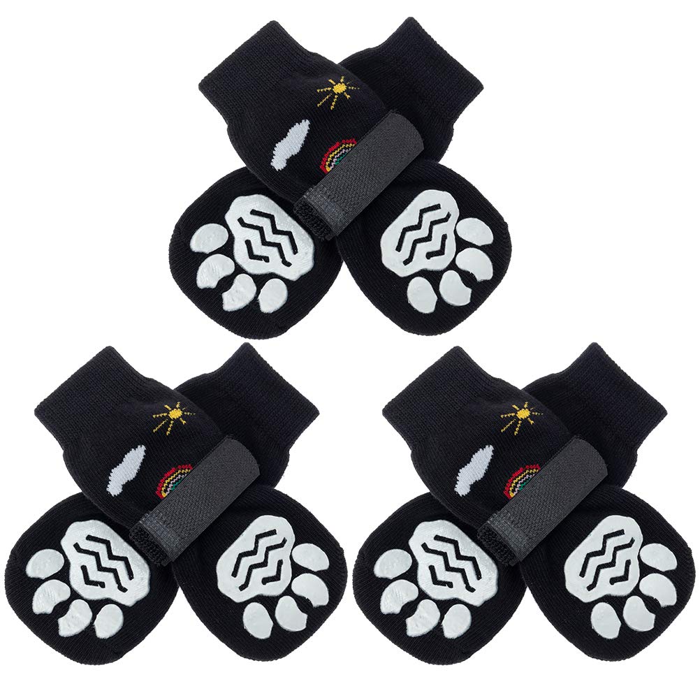 PUPTECK Double Sides Anti-Slip Dog Socks, 3 Pairs Soft Paw Protector with Adjustable Straps, Strong Traction Control for Indoor Hardwood Floors Small (Pack of 6) Black - PawsPlanet Australia