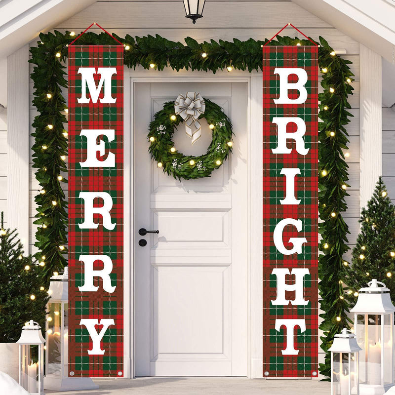 Whaline Christmas Hanging Banner Merry Bright Porch Sign Red Green Plaid Door Sign Xmas Banner Decor for Indoor Outdoor Front Porch Wall Farmhouse Home Party, 12" x 72" - PawsPlanet Australia