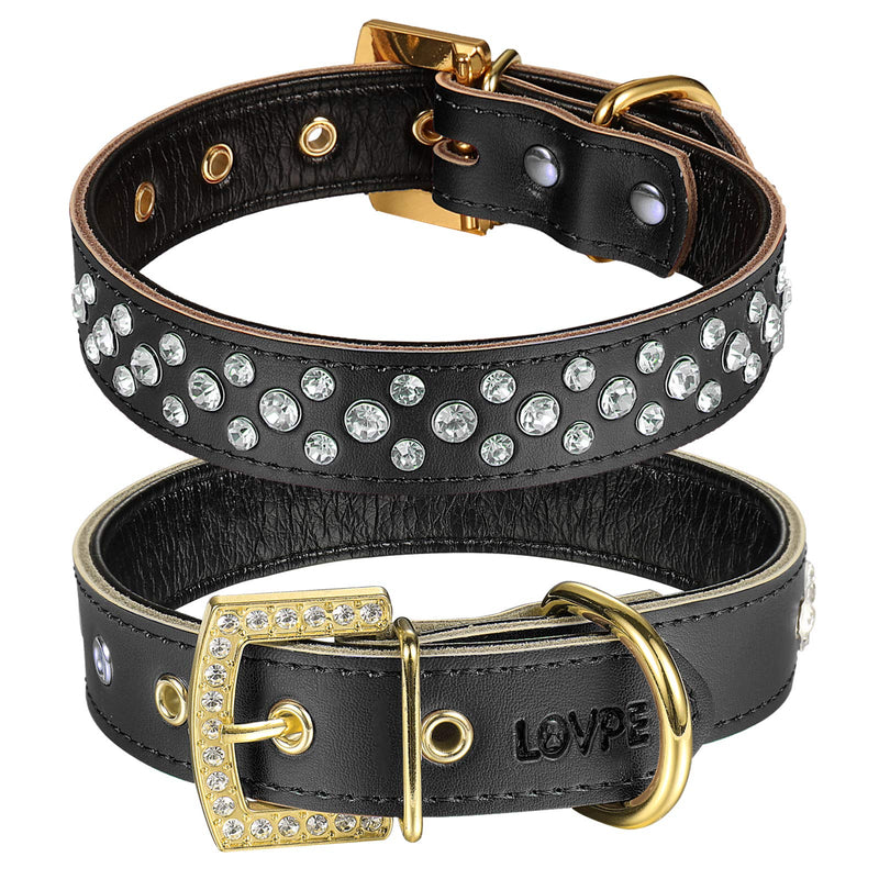 [Australia] - LOVPE 3 Rows Personalized Rhinestone Leather Bling Crystal Dog Collar with Golden Rhinestone Buckle for Small Medium Breeds S(Neck for:11-13 Inch) Black 
