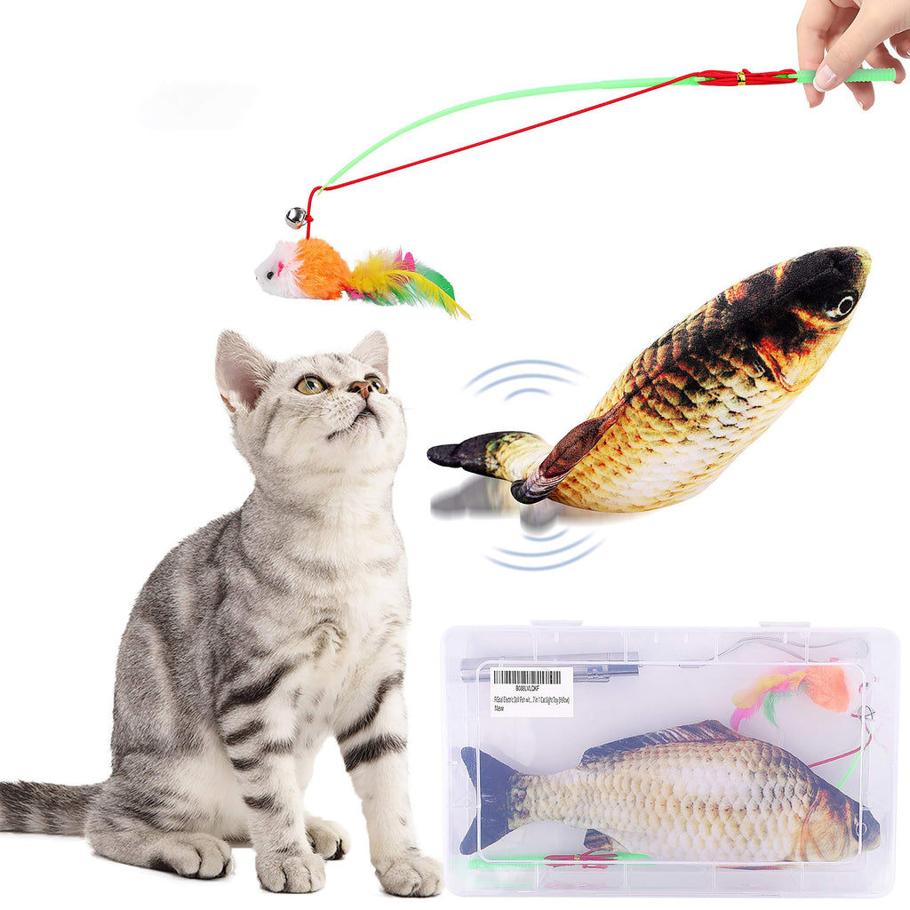 [Australia] - FiGoal Cat Toy Set Realistic Moving Fish Flopping Interactive Wiggle Moving Cat Kicker Fish Toy with Plush Interactive Cat Toys, Fun Toy for Cat Exercise Yellow 