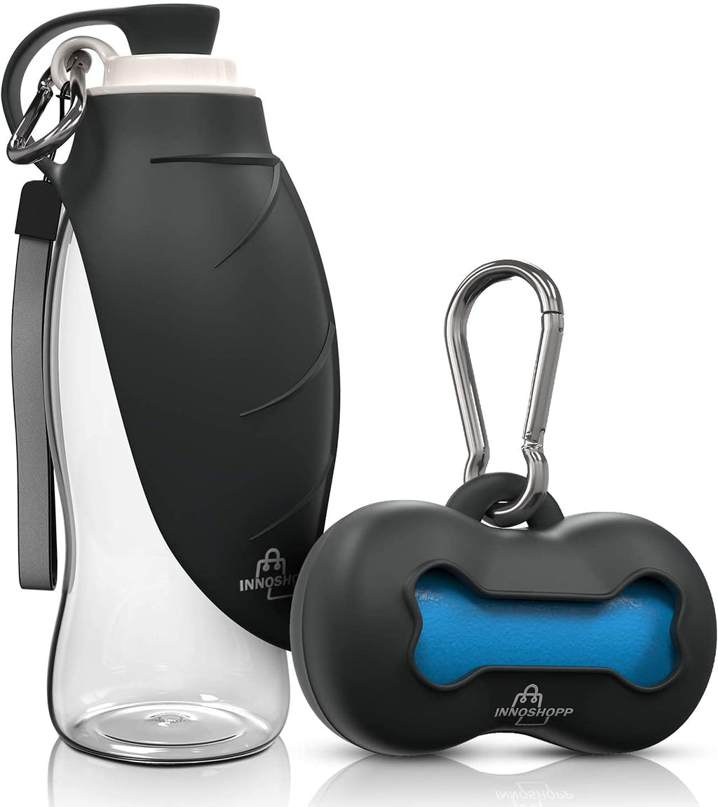 Dog Water Bottle - Portable Travel Dog Water Dispenser Including Carabiner & Waste Bag Dispenser - Leak Proof & BPA Free Dogs Drinking Bottle for Walking, Hiking & Travel(Black) by Innoshopp Black - PawsPlanet Australia