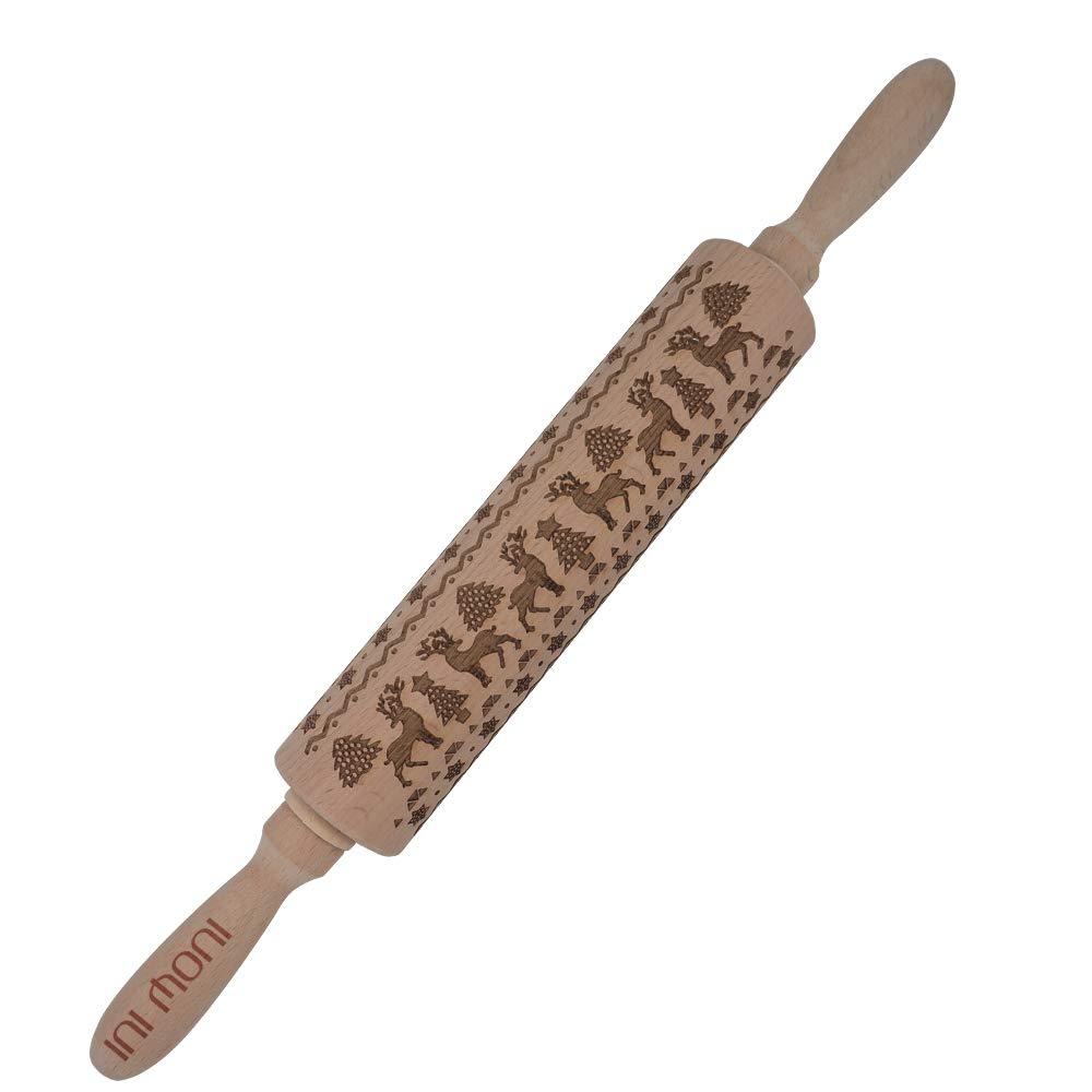 ini moni rolling pin wooden embossed decor baking roller with holder for kids small cookie engraved 3d halloween christmas decoration design pattern (Elk) Elk - PawsPlanet Australia