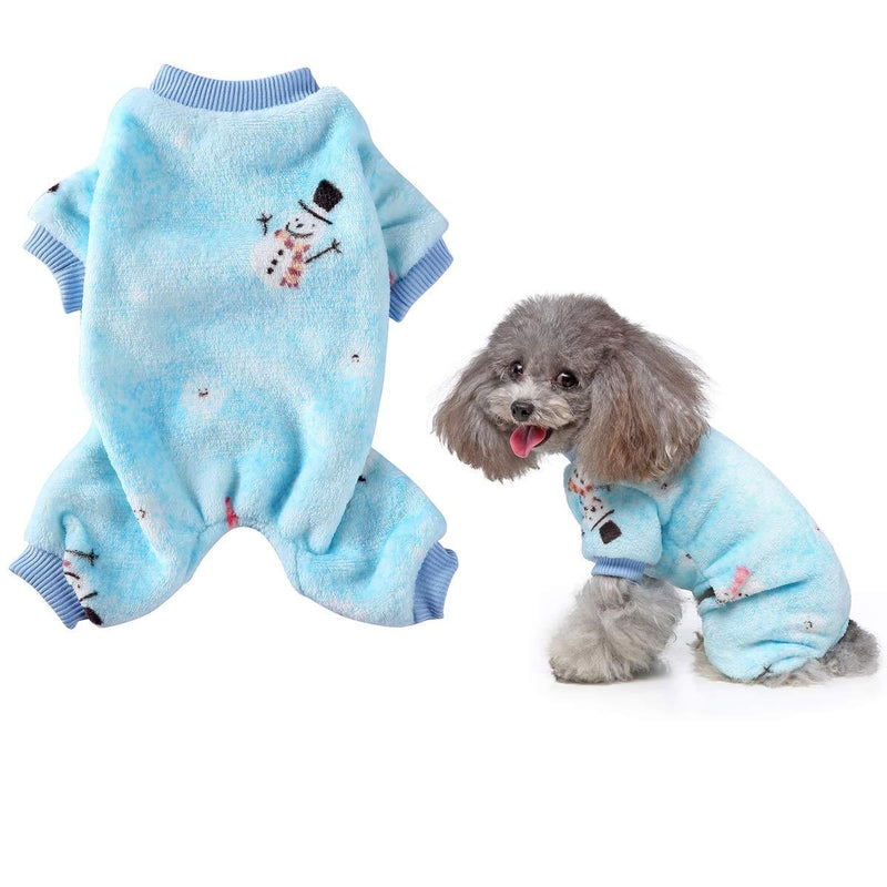 [Australia] - Vehomy Christmas Dog Pajamas with Snowman Pattern- Soft Coral Fleece Pet Winter Pajamas Dog Cat Onesies Jumpsuit Pjs Warm Sweater Clothes for Small Dogs and Cats S Blue 