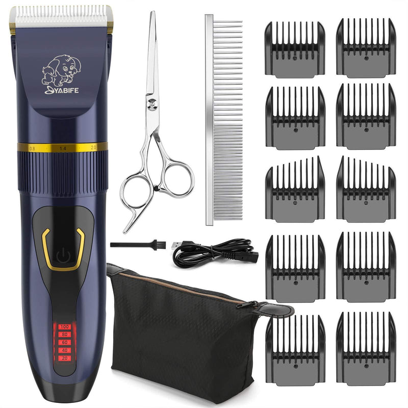 Yabife Dog Clippers, USB Rechargeable Cordless Dog Grooming Kit, Electric Pets Hair Trimmers Shaver Shears for Dogs and Cats, Quiet, Washable, with LED Display Blue - PawsPlanet Australia