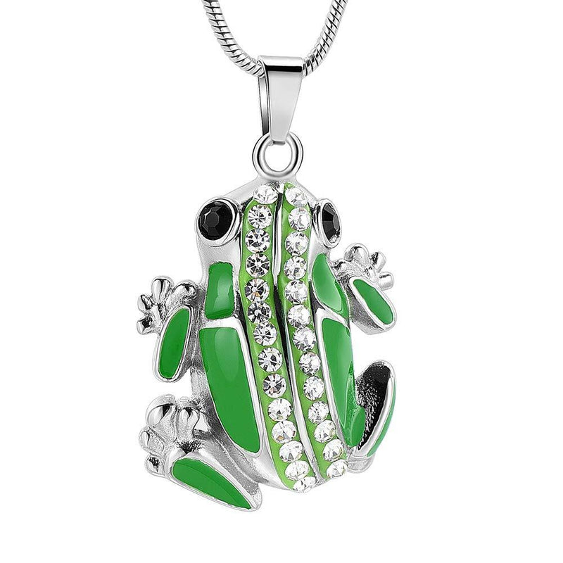 Frog Cremation Jewelry For Ashes With Shiny Crystal Green Skin Stainless Steel Pet Memorial Urn Necklace Silver tone - PawsPlanet Australia