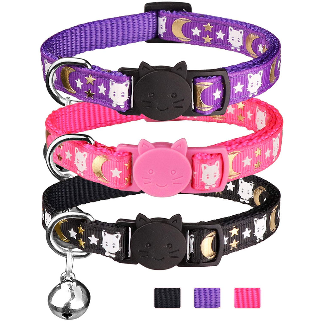 [Australia] - 3 PCS Breakaway Cat Collars with Bell Golden Moon Glowing Cat and Stars in The Dark for Kitten(Purple&Black&Pink) 