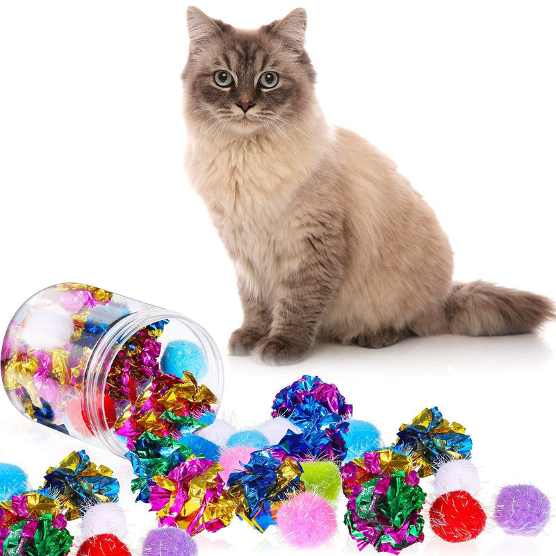 [Australia] - WILLBOND 20 Pieces Random Glitter Pom Pom Balls Cat Toy Pom Balls Colorful Tinsel Balls 12 Pieces Crinkle Balls with Plastic Bottle for Kittens Crafts Party Decorations 