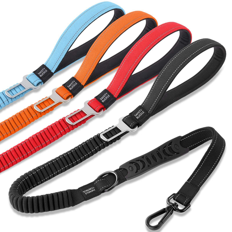 [Australia] - Dog Leash Traffic Padded Two Handles & Car Seat Belt, 4-5 FT Heavy Duty Reflective Leashes for Control Safety Training, Shock Absorbing Bungee Dog Leash for Small to Large Dogs Black 