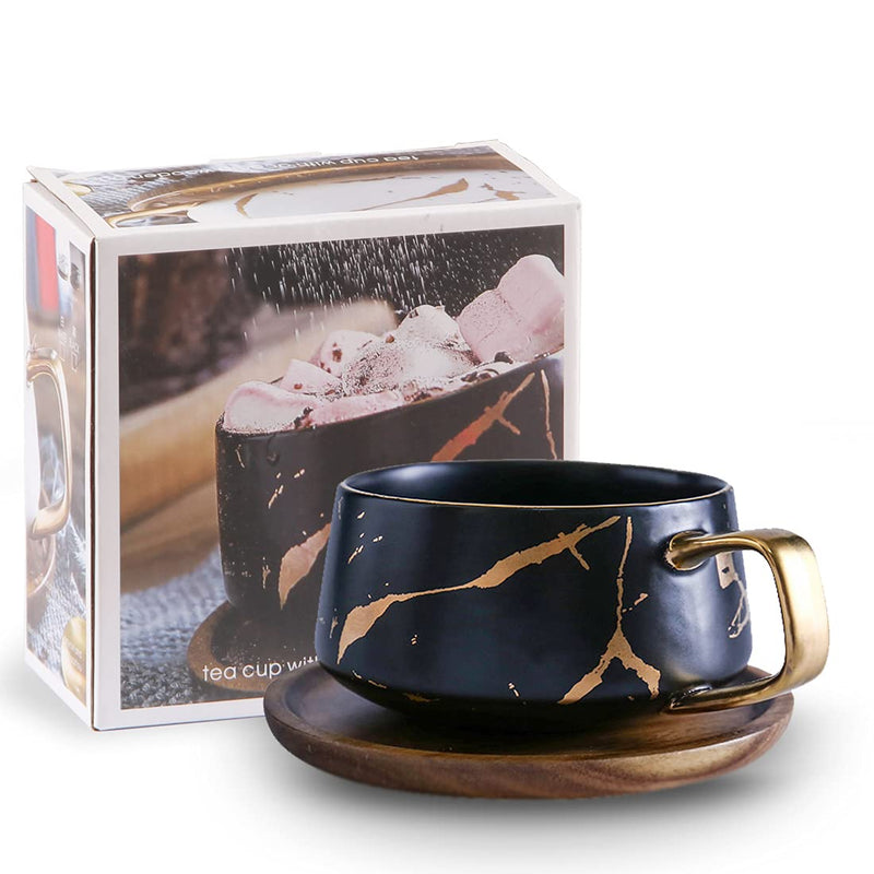 Yatsi 10 Oz Matte Ceramic Marble Design Tea Cup Coffee Cup with Wood Saucers(Black,Cup & Saucer) Black - PawsPlanet Australia