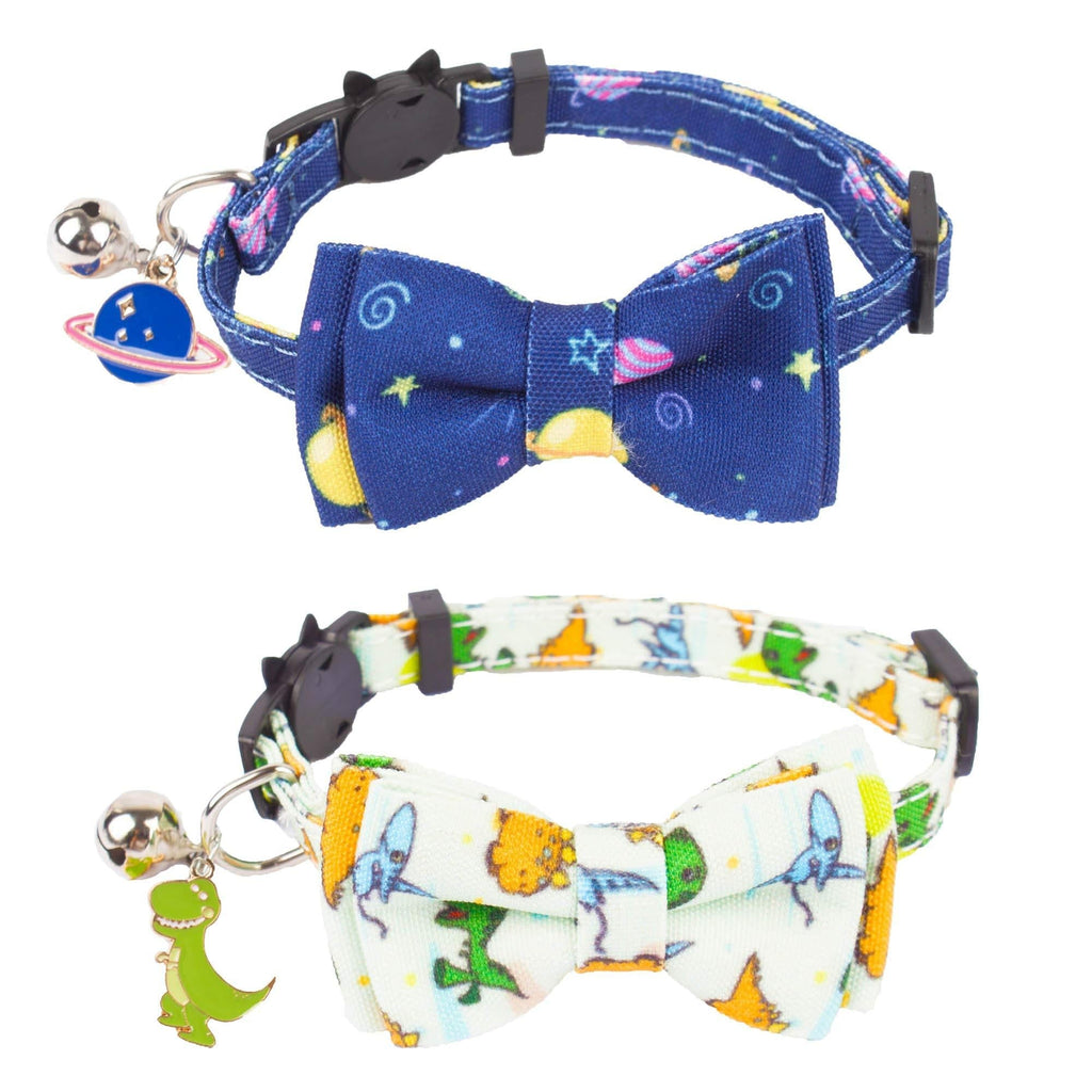 [Australia] - ADOGGYGO Cat Collar Breakaway with Cute Bow Tie Bell - 2 Pack Kitten Collar with Removable Bowtie Universe Dinosaur Rainbow Sea Pattern Cat Bow tie Collar for Cat Kitten Kitty Puppy Universe & Dinosaur 