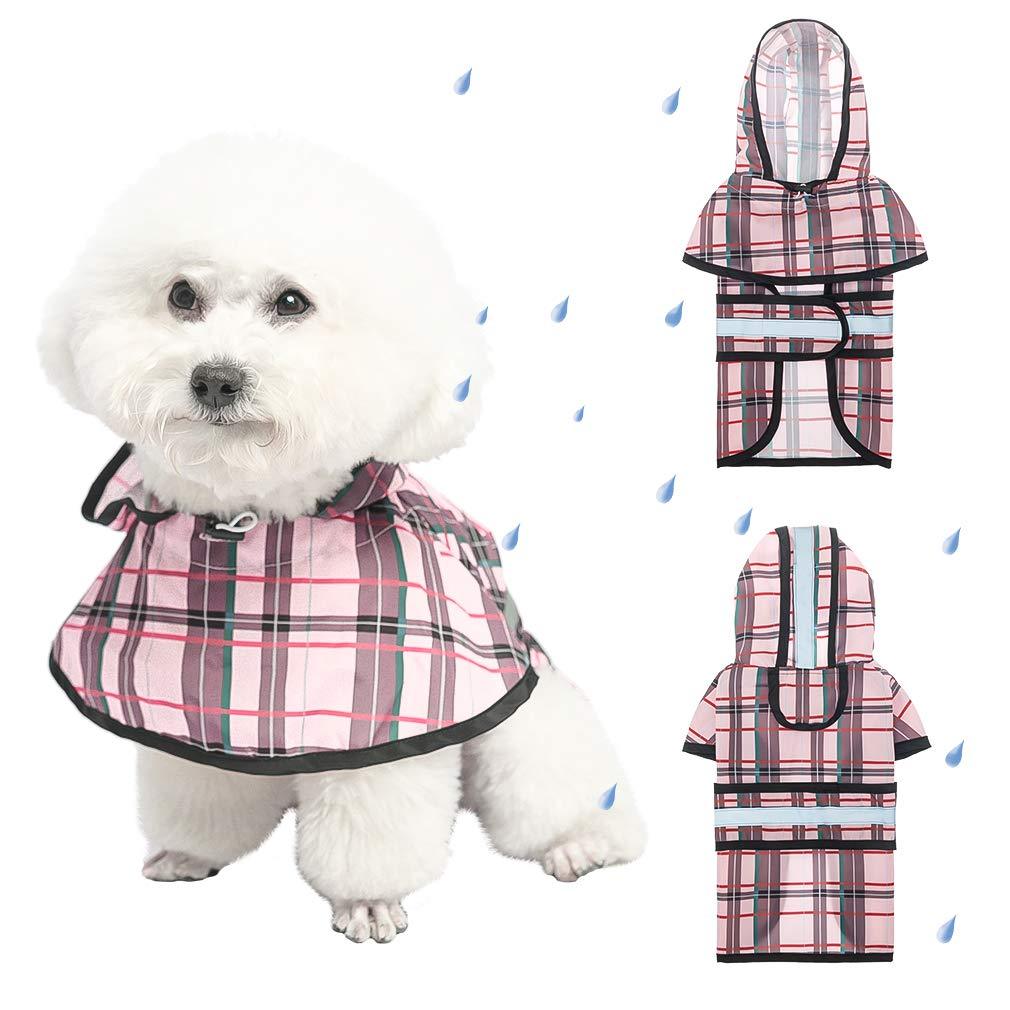 BINGPET Plaid Dog Raincoat - Hooded Waterproof Pet Poncho with Reflective Strap, Lightweight Dog Rain Coat Jacket with Leash Hole, Fit for Small Medium Dogs, Pink - PawsPlanet Australia