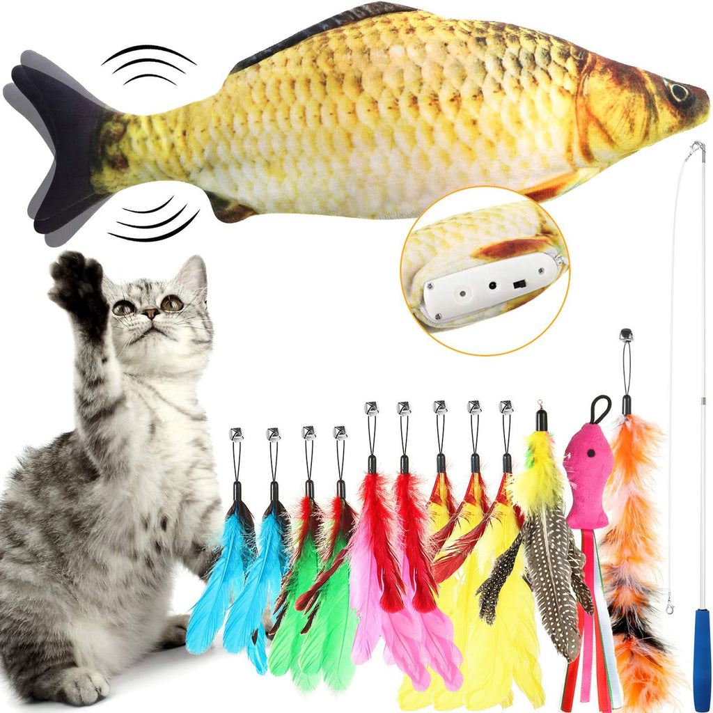 [Australia] - Sumind 14 Pieces Cat Toy Set, Include Electric Flopping Fish Moving Fish Cat Toy, Retractable Cat Wand Toy Set Telescopic Rod and 12 Pieces Replacement Teaser Refills Feather, Interactive Toy for Cat 