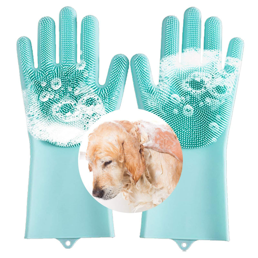 laamei Pet Grooming Gloves for Cat & Dog, Dog Bathing Shampoo Gloves with Long Bristles, Heat Resistant Silicone Pet Hair Removal Gloves for Bathing and Massaging Green - PawsPlanet Australia