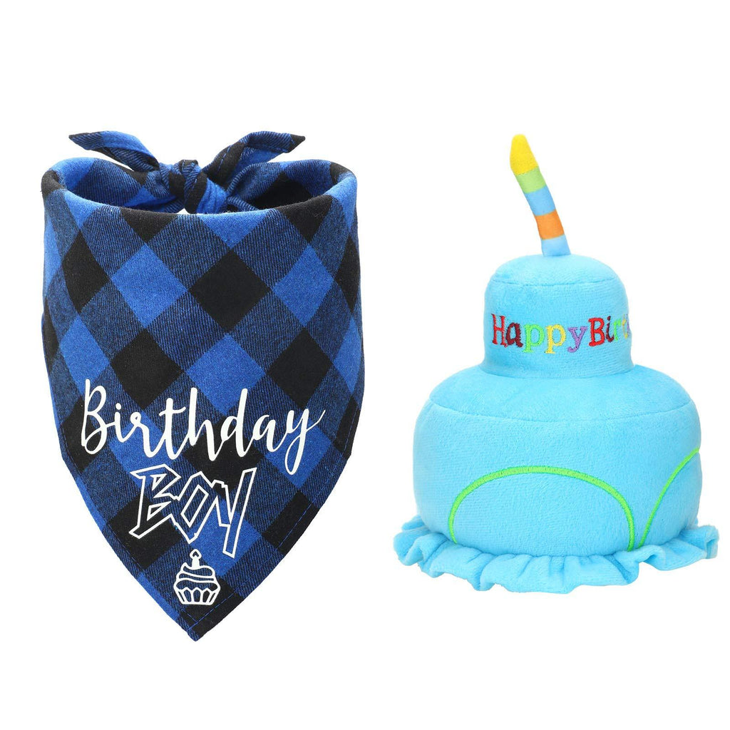 [Australia] - Dog Birthday Boy Bandana Hat Scarfs Flag and Birthday Cake Squeaky Dog Toy with Soft Stuffing Party Supplies for Big Medium Large Dogs 