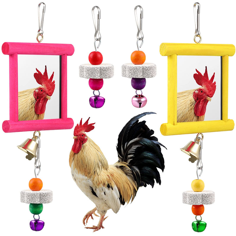 2 Pieces Chicken Mirror Toys Hanging Swing Mirror Toys with Bell Wooden Pecking Toy and 4 Pieces Beak Grinding Molar Stones for Hens Birds Parrots - PawsPlanet Australia