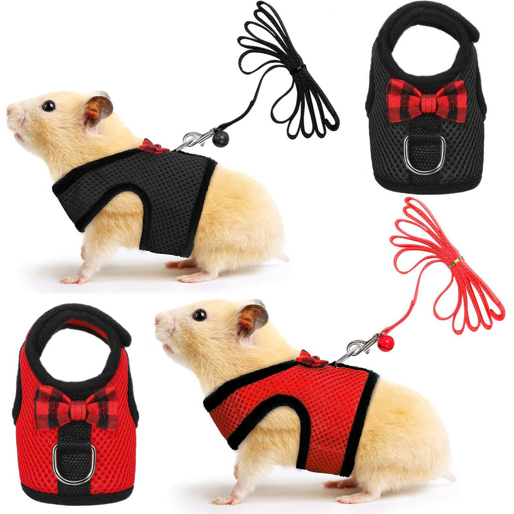 [Australia] - SATINIOR 2 Pieces Soft Small Pet Harness Pet Walking Vest with Bowknot Bell Breathable Puppy Harness Nylon Pet Leash Vest Set for Bunny, Ferret, Rats, Iguana, Hamster S Black, Red 